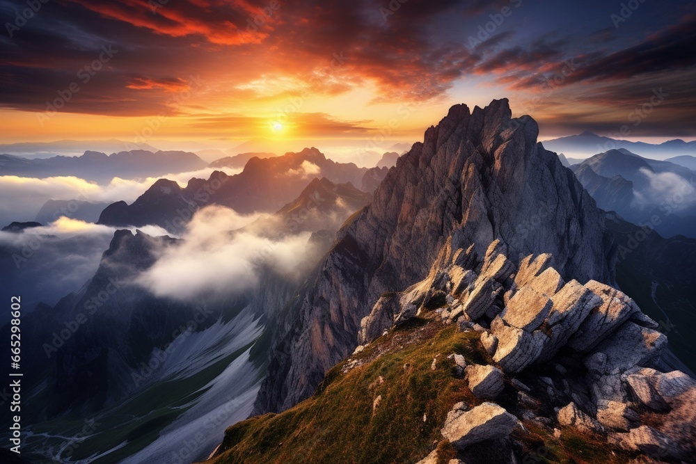 sunset in the Alpstein mountains. Generative AI