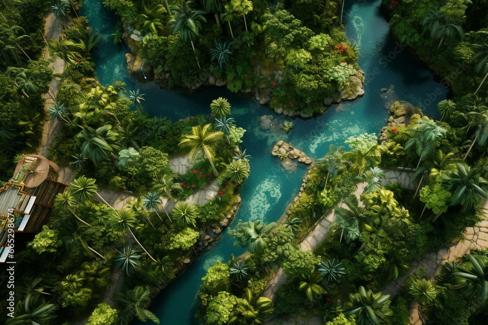bird's-eye view of lush, tropical jungle. Generative AI