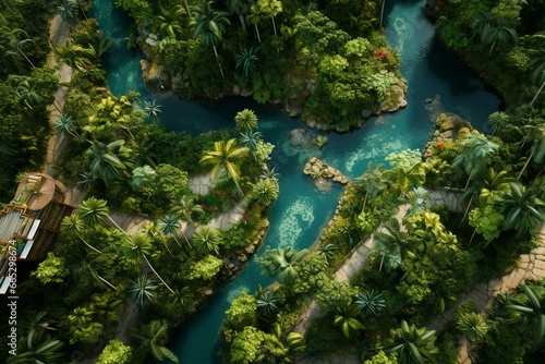 bird s-eye view of lush  tropical jungle. Generative AI