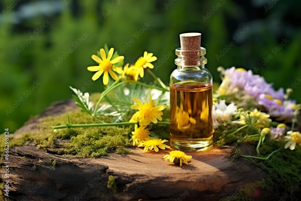Glass Bottle of herbal essential extract, butterfly, and wildflowers on a tree stump. Glass Bottle of herbal essential extract, butterfly, and wildflowers on a tree stump.