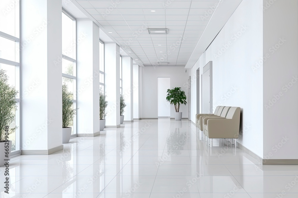 Fototapeta premium Interior design of a modern luxurious white building corridor or hallway with waiting seat.