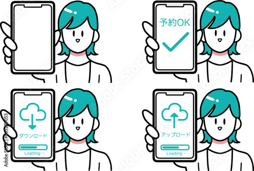 スマホの画面を見せる消費者の女性のイラスト素材セット