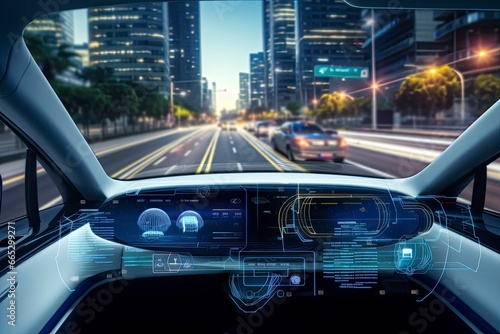 Modern smart car technology intelligent system using Heads up display (HUD) Autonomous self driving mode vehicle on city road with graphic sensor radar signal system intelligent car. © Fatema