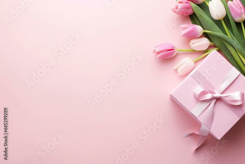 Pink gift box with ribbon bow and bouquet of tulips on isolated pastel pink background. © Fatema