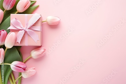 Mother's Day concept. Pink gift box with ribbon bow and a bouquet of tulips. © Fatema