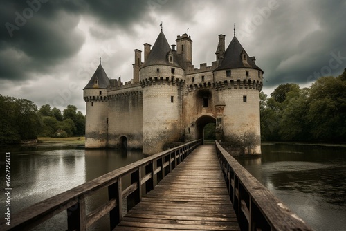 An iconic castle with a bridge over water, against a cloudy sky. Generative AI