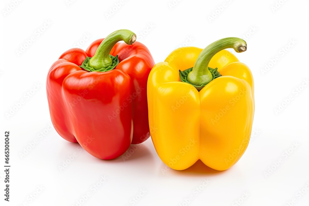 Two bell peppers, a red and a yellow isolated on white background. Two bell peppers, a red and a yellow isolated on white background.