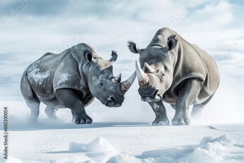 Two Rhinoceros getting ready for fight on Ice. © Fatema