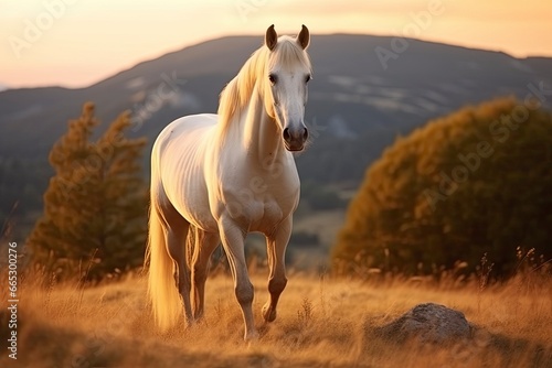 White horse or mare in the mountains at sunset.