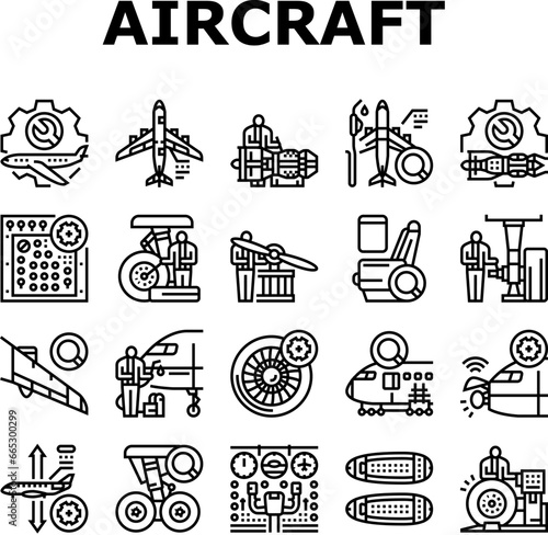 aircraft mechanic icons set vector. aviation maintenance, airplane plane, jet engine, industry airport, repair, hangar aircraft mechanic black contour illustrations