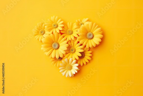 Yellow Heart Shaped By Yellow Daisies Over Yellow Background.