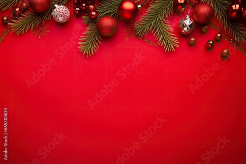 Christmas or New Year red background with fir decor.