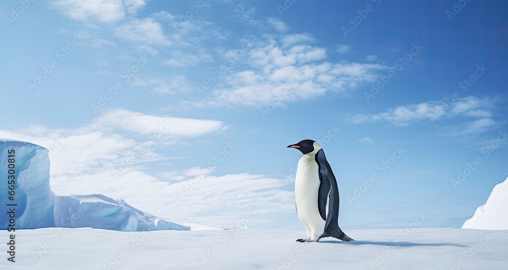 Fototapeta premium Penguin standing in Antarctica looking into the blue sky.
