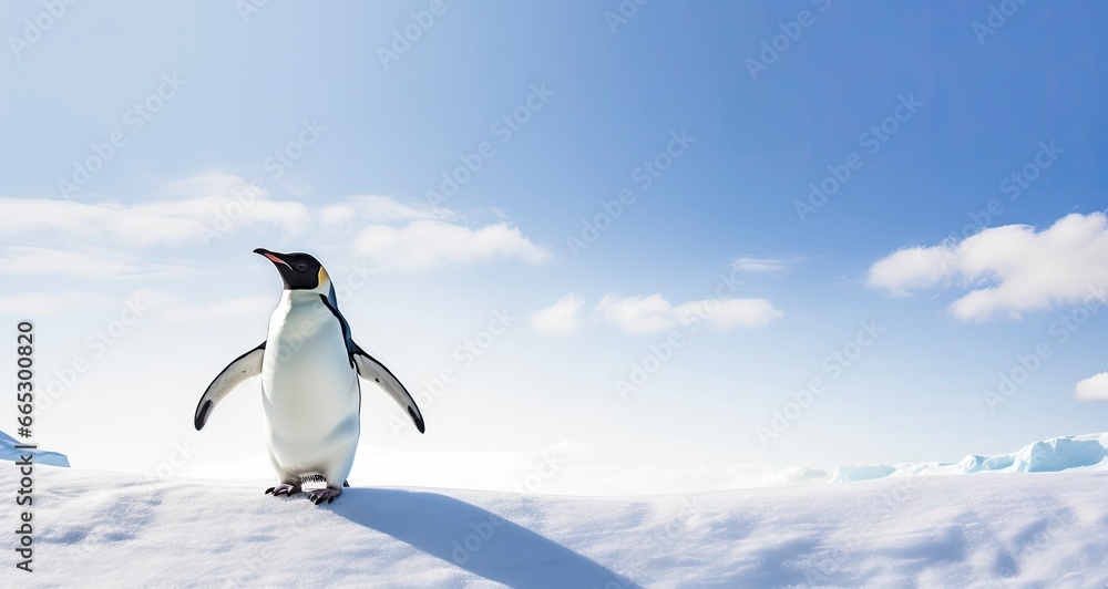 Naklejka premium Penguin standing in Antarctica looking into the blue sky.