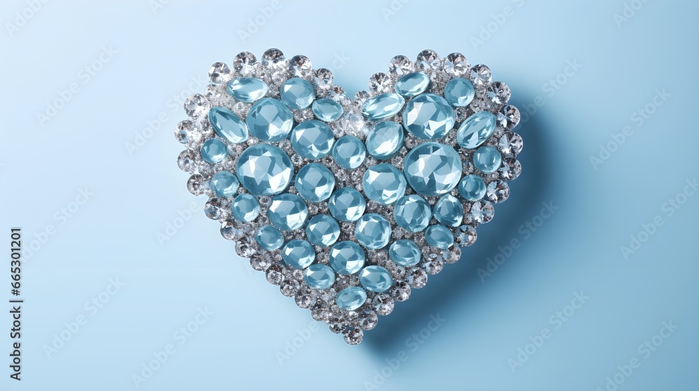 A blue Heart made from Diamonds on a blue background, minimal with copy space, Valentine's day theme, love is in the air, luxury boutique A blue Heart made from Diamonds on a blue background, minimal with copy space, Valentine's day theme, love is in the air, luxury boutique