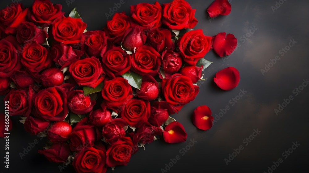 Red Roses arranged in a heart shape on dark background, banner, landscape, Valentine's Day love theme with copy space