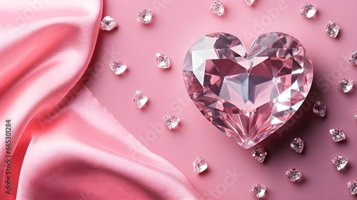 A pink Heart made from Diamonds on a satin Pink cloth background, landscape minimal with copy space, Valentine's day theme, love is in the air, luxury boutique