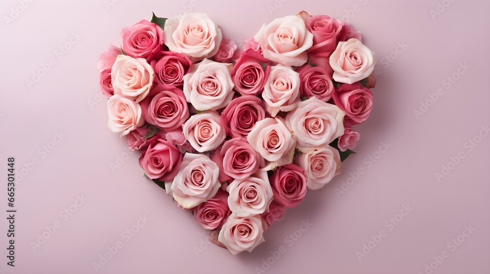 Pink Roses arranged in a heart shape on pink background, banner, landscape, Valentine's Day love theme with copy space - obrazy, fototapety, plakaty 