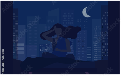Insomnia woman sitting on bed at night vector illustration. Sleepless woman suffering from insomnia and depression concept