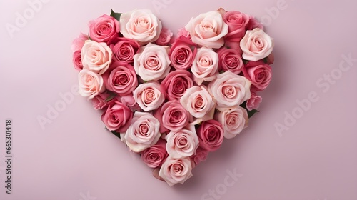 Pink Roses arranged in a heart shape on pink background, banner, landscape, Valentine's Day love theme with copy space