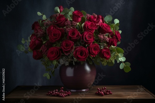 Vase with lush deep red rose bouquet. Generative AI