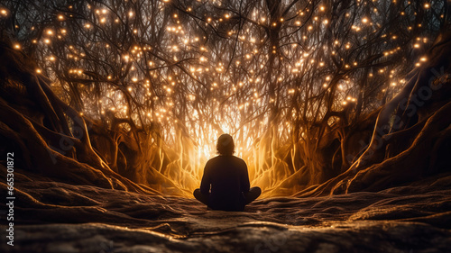 Silhouette of a person meditating and praying among magical trees at night, surrounded by golden light and sparkles