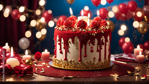 Birthday celebration with a decadent birthday cake decorated with candlelight  balloons  confetti