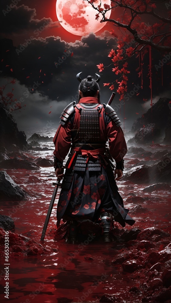 a samurai stands exhausted in a sea of blood, AI Generated a samurai stands exhausted in a sea of blood, AI Generated
