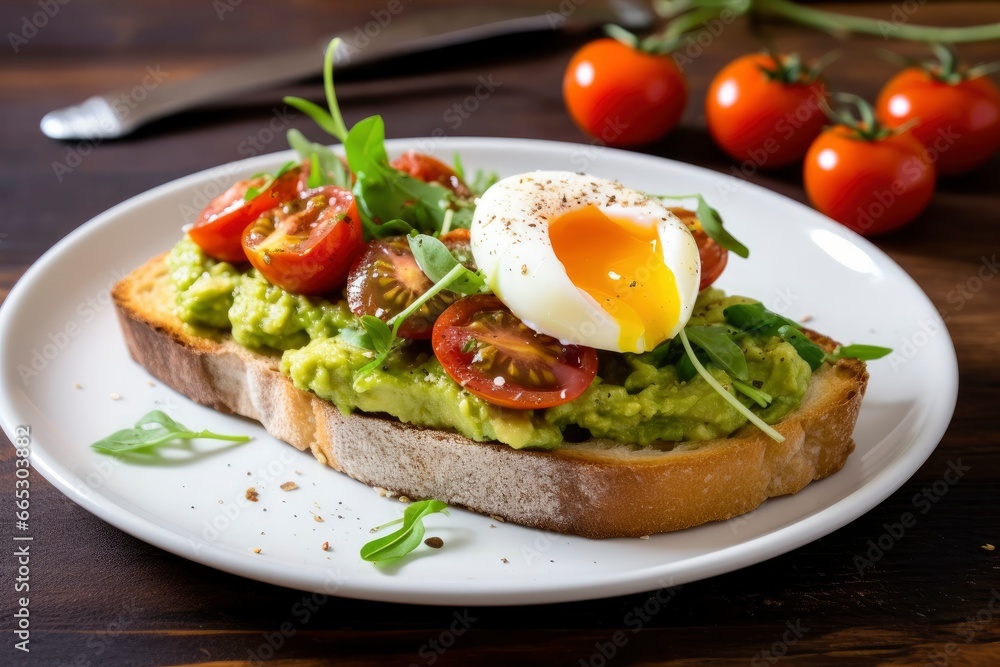 Avocado toast with eggs and roasted tomatoes. Avocado toast with eggs and roasted tomatoes.