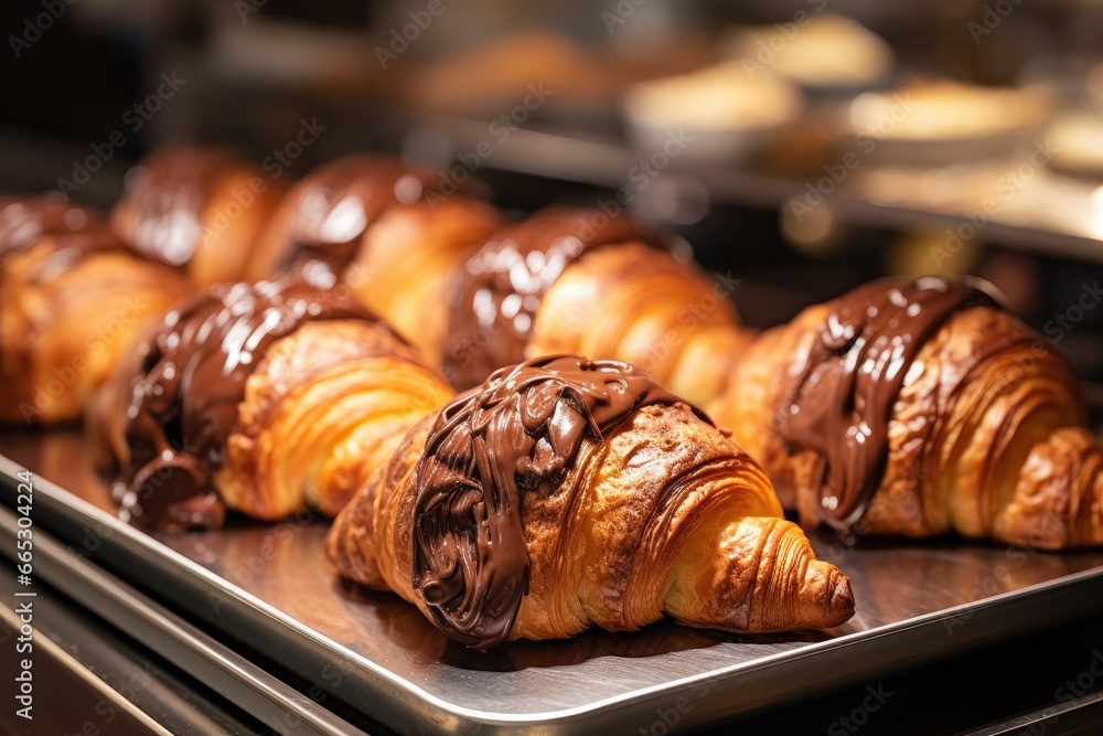 Chocolate croissants in bakery. Chocolate croissants in bakery.