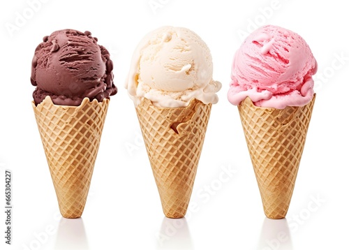 Chocolate, vanilla and strawberry Ice cream in the cone on white background. © Fatema