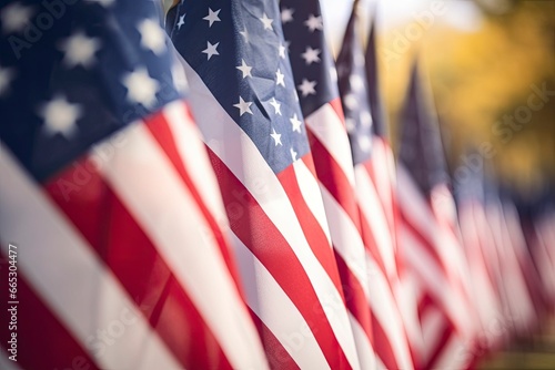 Closeup of an American flag in a row.