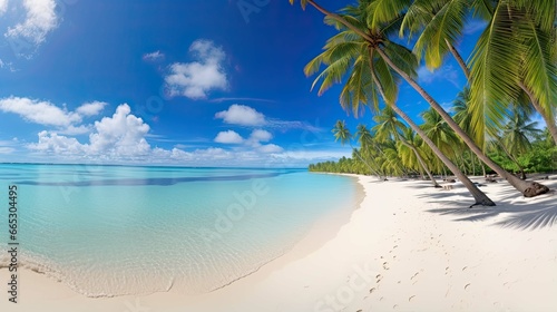 Beautiful beach with white sand  shadows from leaves of palm trees  turquoise ocean water and blue sky with clouds in sunny day. Panoramic view. Natural background for summer vacation