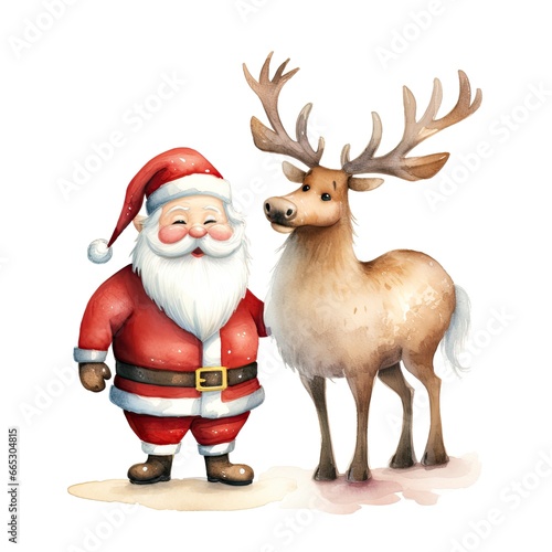 Cute Santa Claus standing with reindeer.