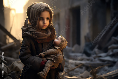a little girl wearing a hijab holding a doll among the ruins of buildings caused by the war, hyper realistic, dramatic light and shadows,