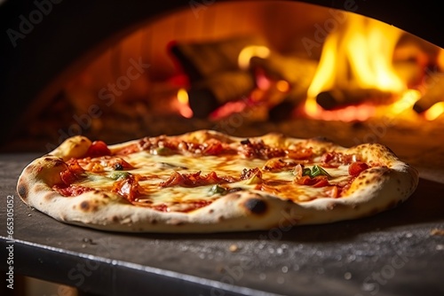 Freshly baked pizza closeup, traditional wood fired oven background.