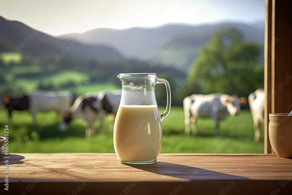 Glass pitcher with fresh milk on a wooden table. Glass pitcher with fresh milk on a wooden table.