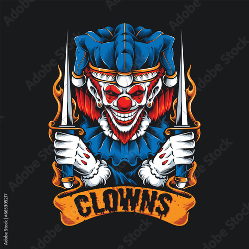 scary clown holding dagger illustration