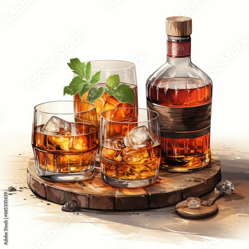 Whiskey Bottle With A Whiskey Barrel Whiskey Duo Agin, Cartoon Illustration Background photo