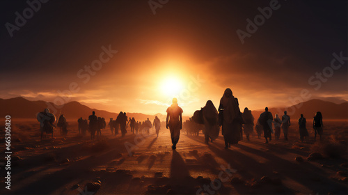 Silhouettes of refugees walking in random rows and carrying various kinds of goods. photo