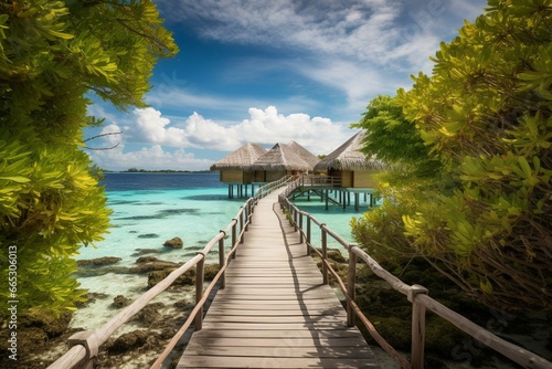 Scenic sea walkway to bungalows on tropical island. Generative AI © Haruki