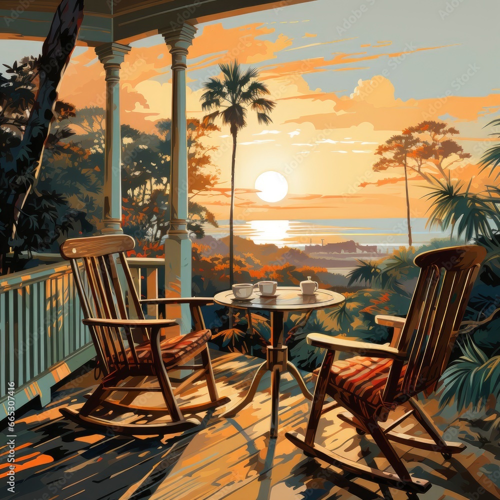 Coffee And Sunrise On A Porch Porch Coffee Sunrise , Cartoon Illustration Background