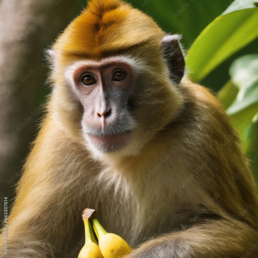 Fototapeta premium monkey on the tree and eating banana 