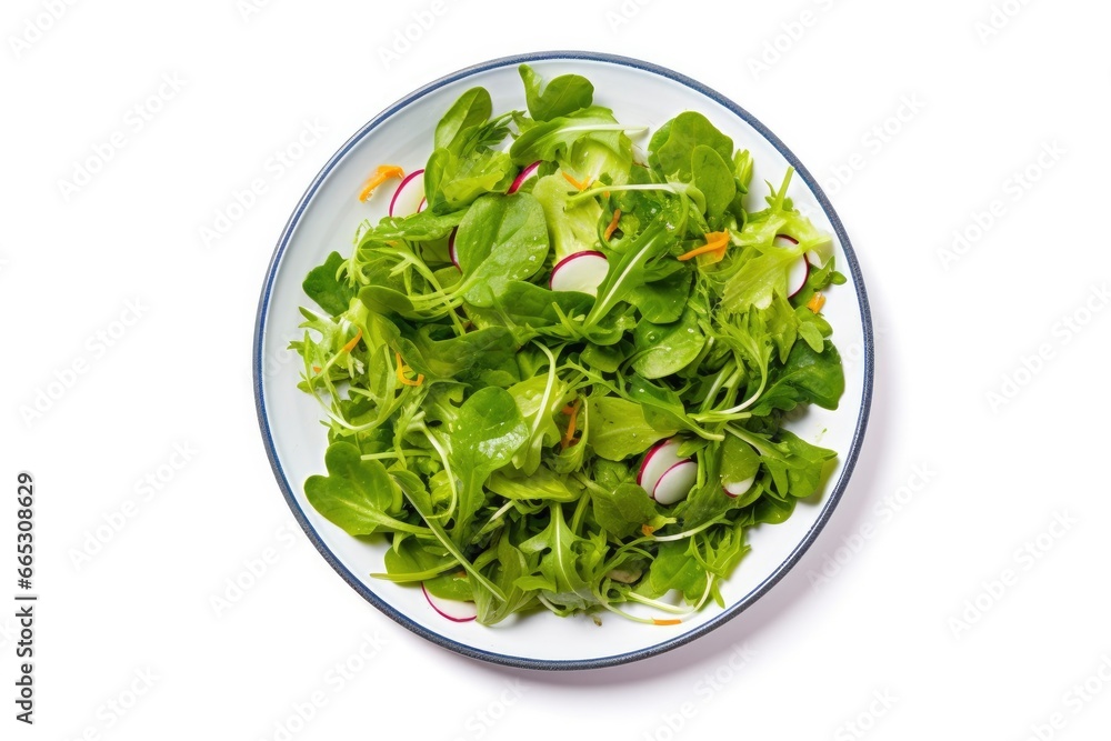 Healthy fresh green salad plate shot from above on white background. Healthy fresh green salad plate shot from above on white background.