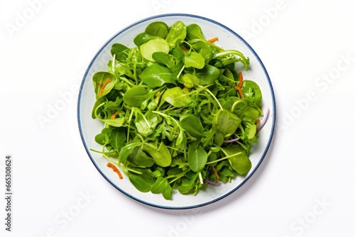 Healthy fresh green salad plate shot from above on white background.