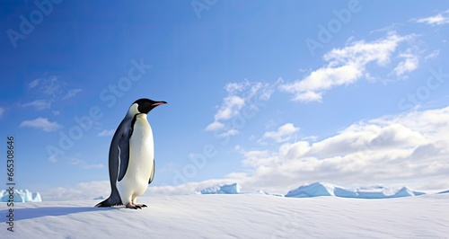 Penguin standing in Antarctica looking into the blue sky.