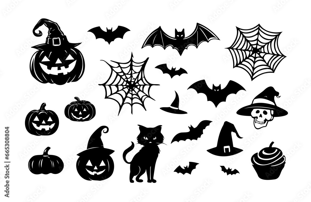 Obraz premium Halloween Vector Bundle, Halloween Illustration Set, Halloween drawings, bat vector, cobweb, pumpkin