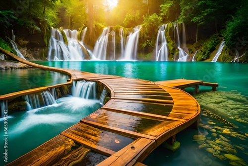 Exotic waterfall and lake landscape of Plitvice Lakes National Park, UNESCO natural world heritage and famous travel destination of Croatia. The lakes are located in central Croatia (Croatia proper photo