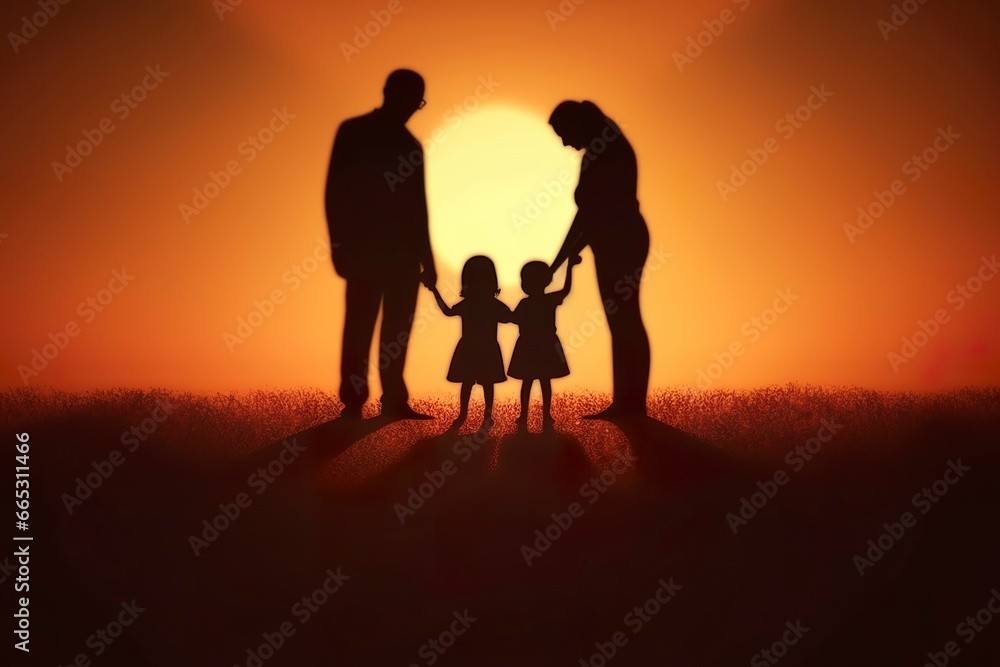 Shadow of Happy family together, parents with their little baby at sunset. A Silhouette of Love and Unity.