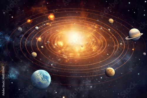 Our 3d Solar system with planets in orbits path.